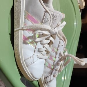 Adidas Girls Size 3 White Sneakers with Pink Iridescent Stripes